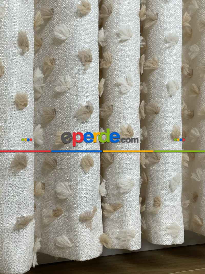 Oturma Odası - Krem Kahve Ponponlu Jakar Dokuma, Premium Kalite Serisi Fon Perde