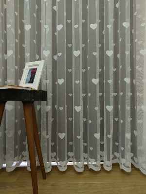 Çocuk Odası Tül Perde - Kalp Desen Örme Tül Perde- Ekru