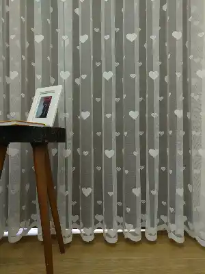Çocuk Odası Tül Perde - Kalp Desen Örme Tül Perde- Ekru