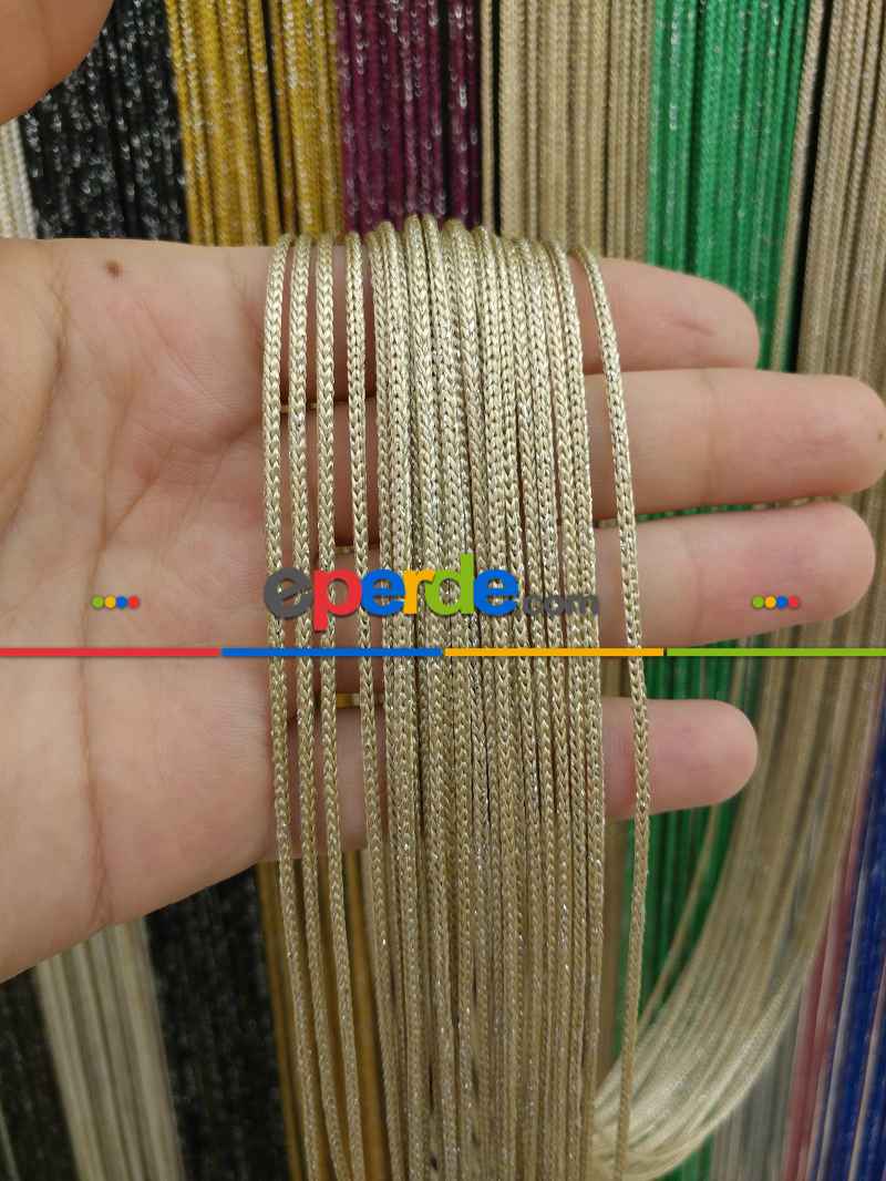 Bej Rengi İp Perde Kalın Zincir Simli Serisi- Bej-gümüş