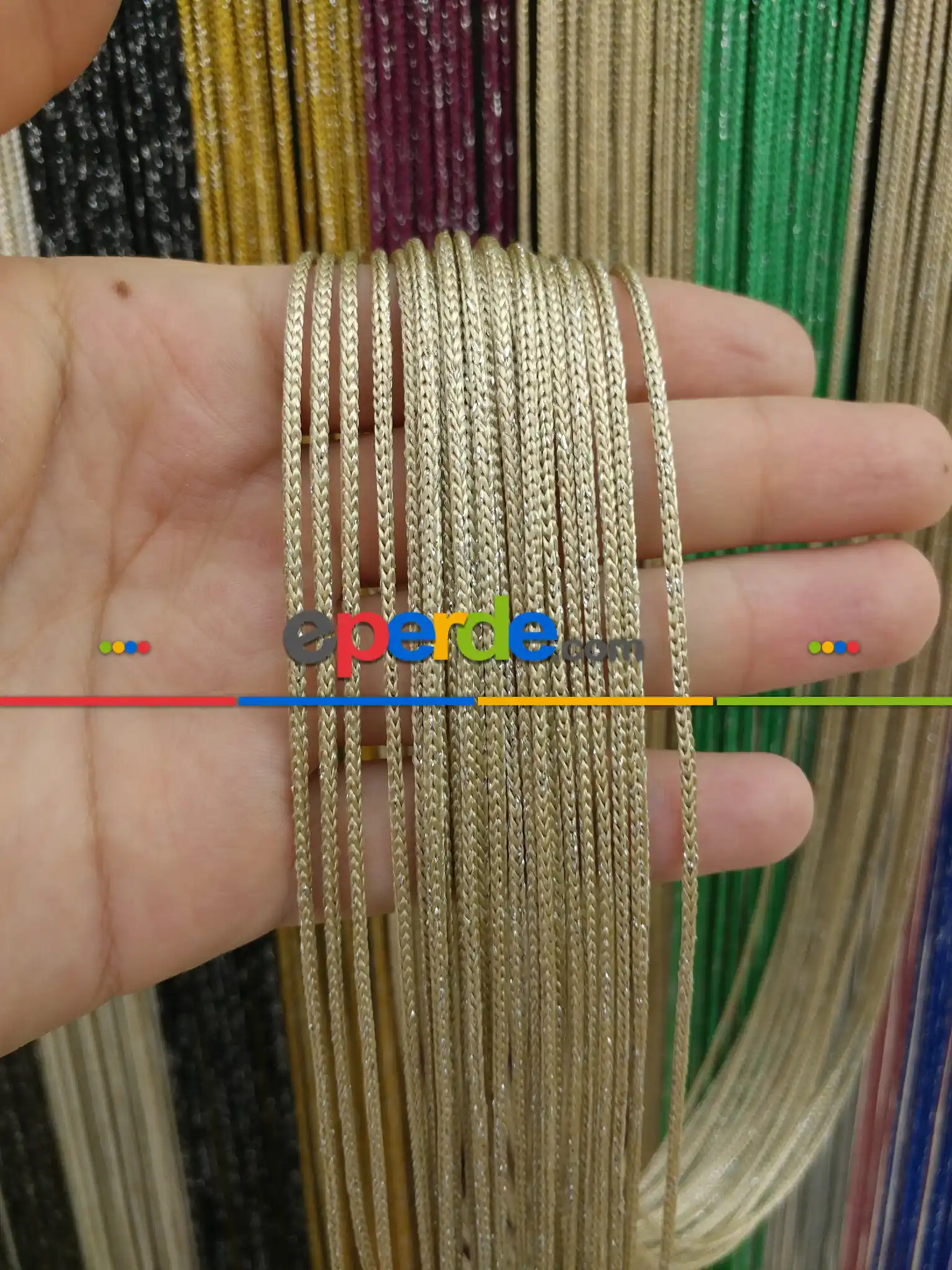 Bej Rengi İp Perde Kalın Zincir Simli Serisi- Bej-gümüş