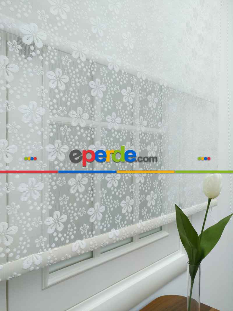 Yatak Odası - Jakar Örme Tül-feray 801 Ekru Çiftli Sistem Dantel Desenli Perde- Ekru