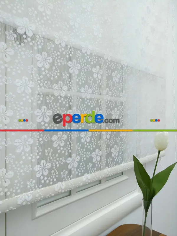 Jakar Örme Tül-feray 801 Ekru Çiftli Sistem Dantel Desenli Perde- Ekru