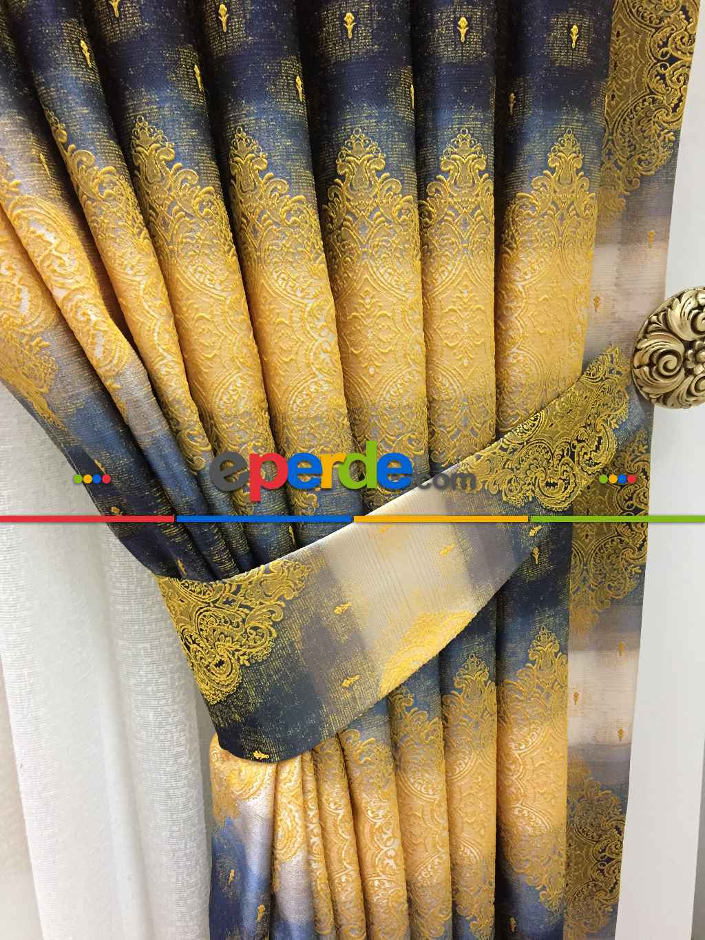 Salon Fon Perde - Lacivert Damasklı Fon Perde Lüx- Lacivert