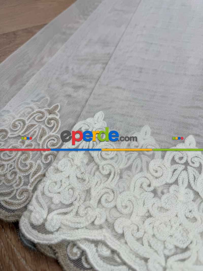 Oturma Odası - Etek Ucu Damask Nakışlı Düz Tül Perde, Özel Dokuma Premium Seri