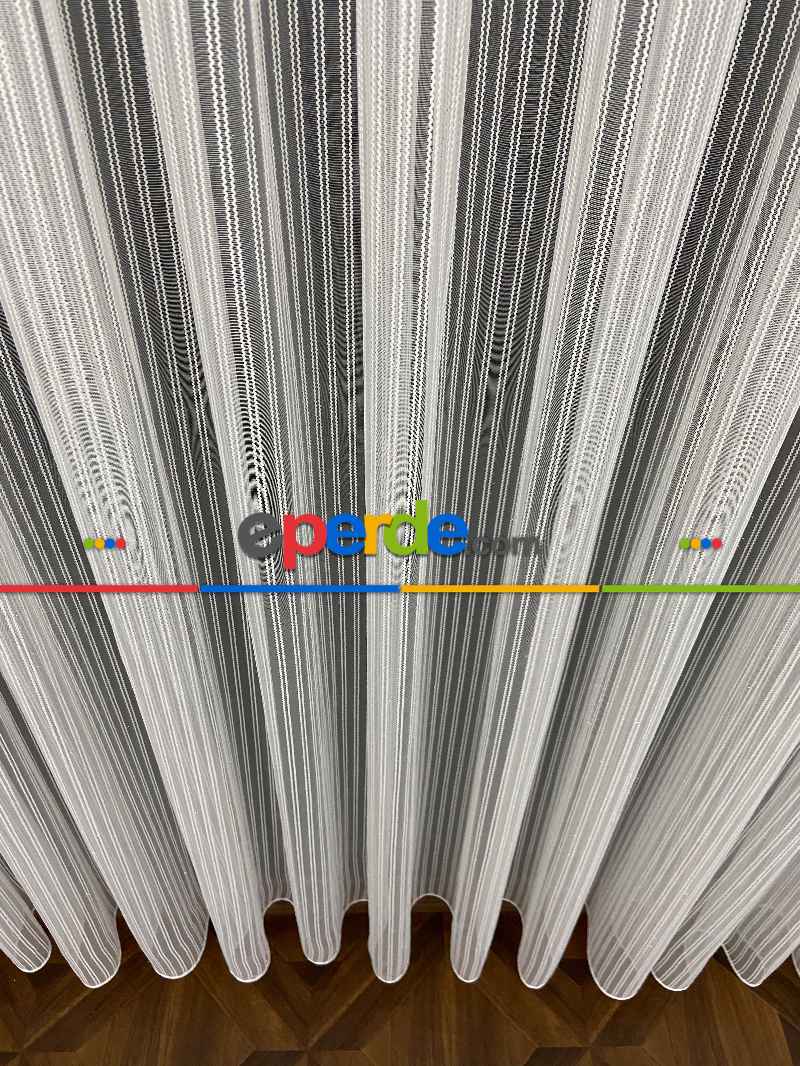 Zincir Tül Boyuna Çift Çizgili Sakallı Tül- Ekru - Kurşunlu Tül