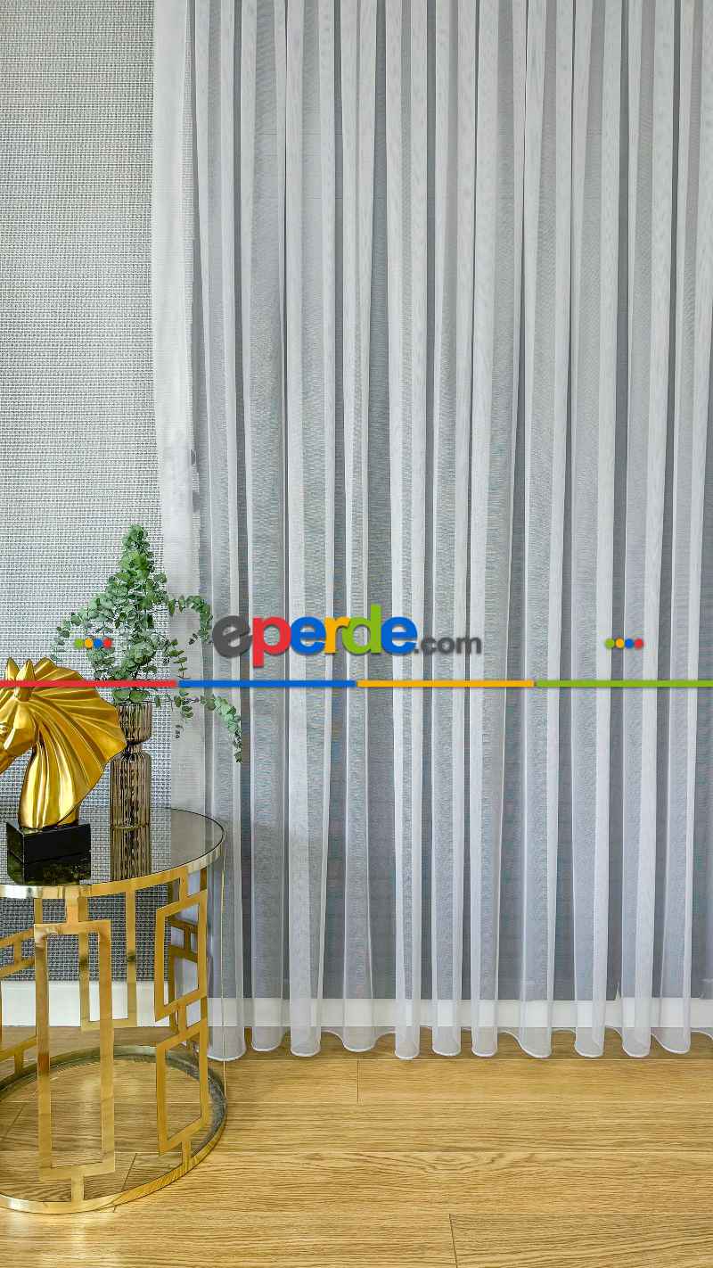 Oturma Odası - Açık Gri Grek Zemin Düz Tül Perde - Kurşunlu