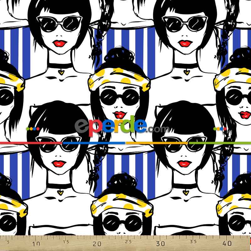 Popart Desenli Fon Perde Evm816 Kumaşı Kalındır Duck Bezi Değildir- Siyah-Mavi-Beyaz