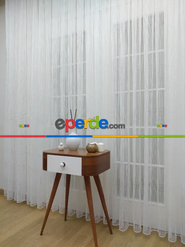 Ekru Zincir Çizgili Tül Perde- Ekru - Kurşunlu Tül