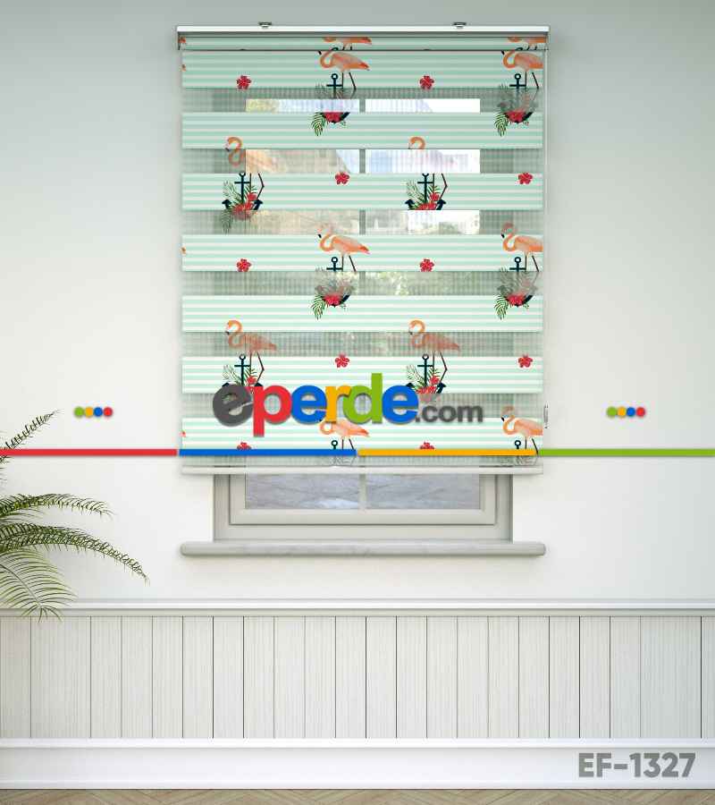 Flamingo Desenli Baskılı Zebra Perde- Çok Renkli