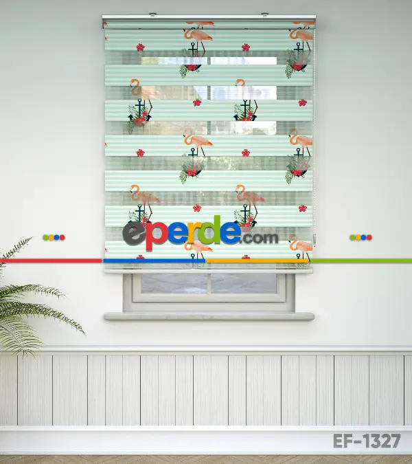 Flamingo Desenli Baskılı Zebra Perde- Çok Renkli