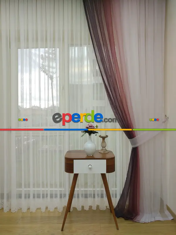 Ekru-koyu Gül Kurusu Geçişli Tül Fon Perde#- Gül Kurusu-ekru