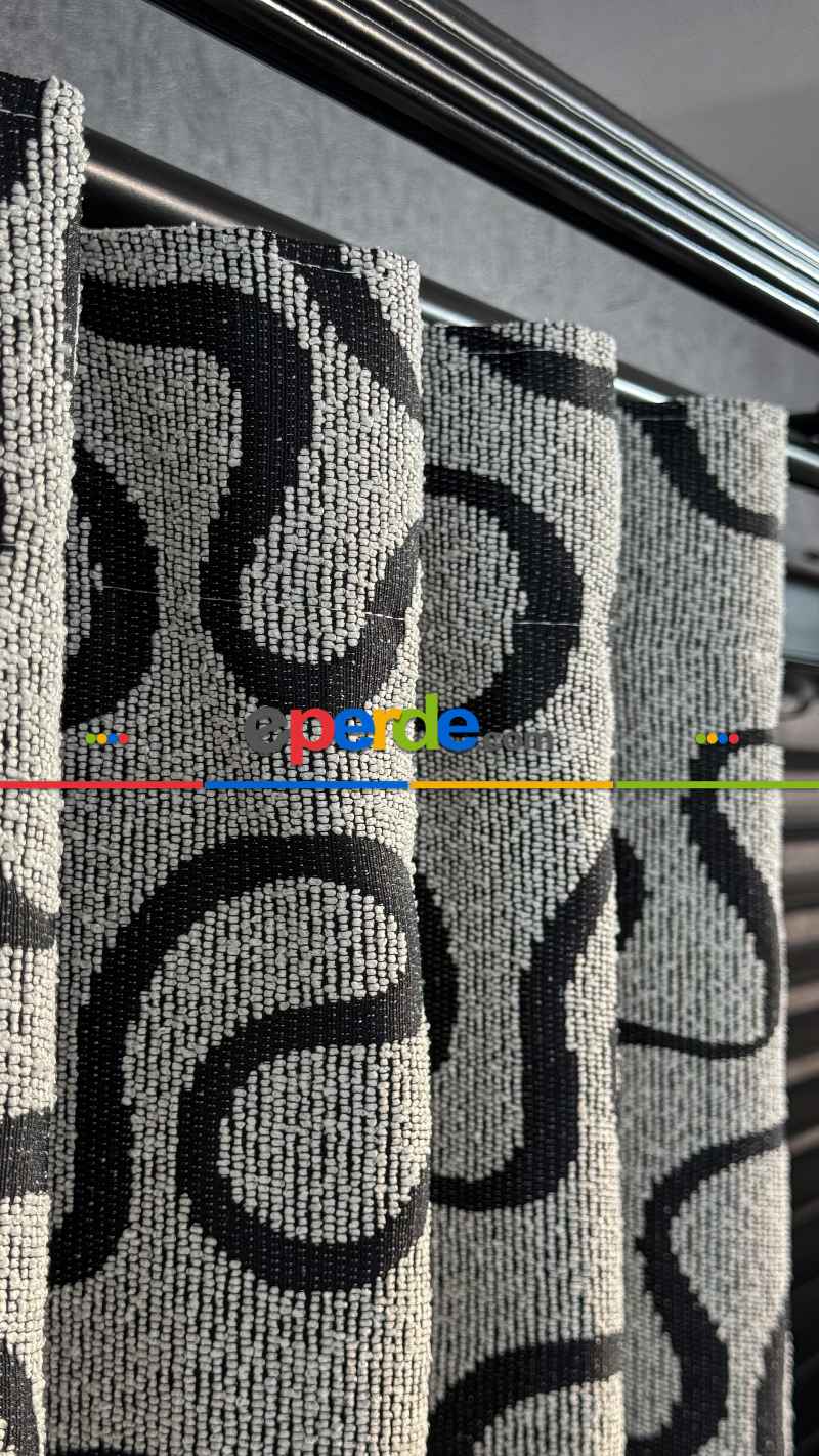 Ekru Jakar Dokuma Fon Perde Siyah