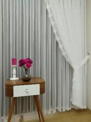 Fansız Dantel Fon Perde Etek Ucu Kortlu Nakış (güpür ) İşlemeli - 3 İçindeki Tül Kodu #22169- Ekru