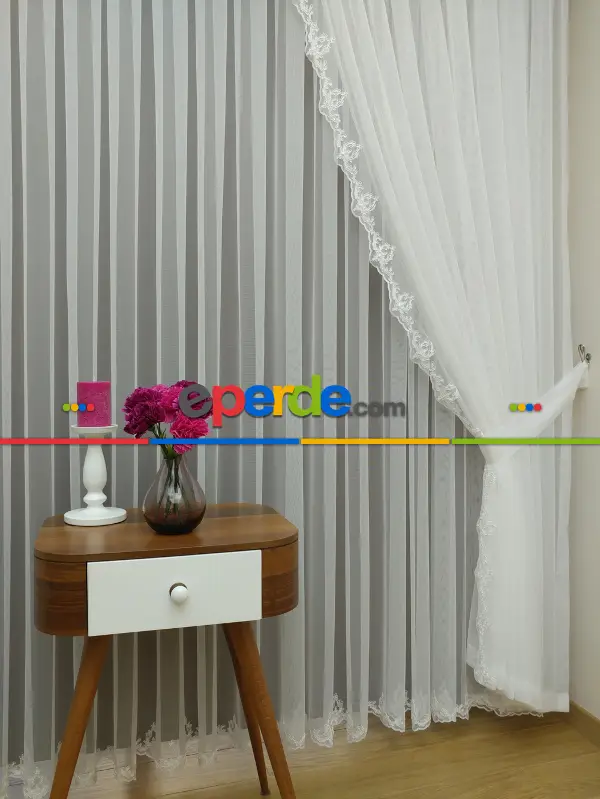 Fansız Dantel Fon Perde Etek Ucu Kortlu Nakış (güpür ) İşlemeli - 3 İçindeki Tül Kodu #22169- Ekru