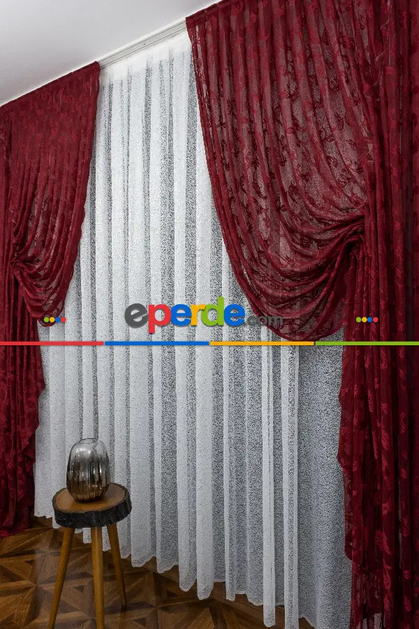 Tül Fon Koyu Renk Bordo Büzgülü Tasarım Fon Perde- Bordo 70cm X 275cm 