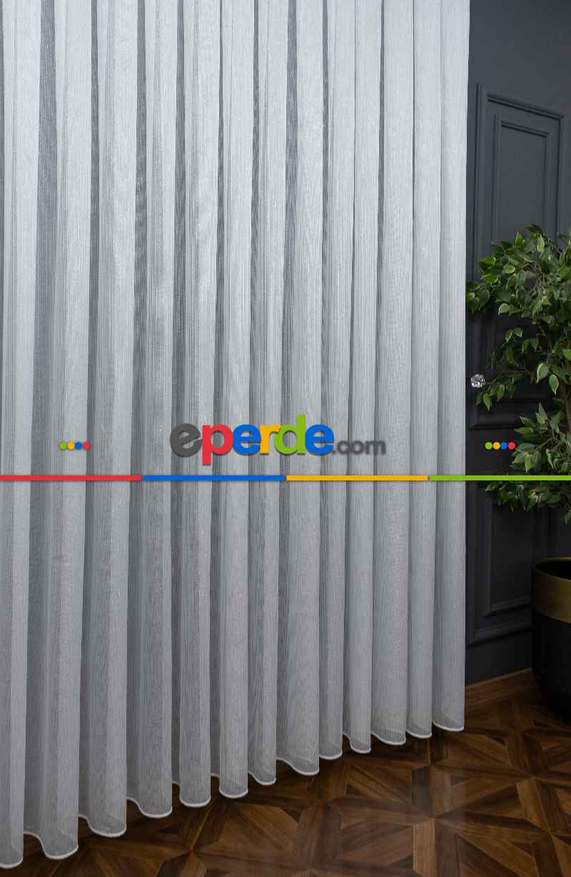 Gümüş Simli İnce Çizgili Gramajlı Dökümlü Kaliteli Tül Ekru