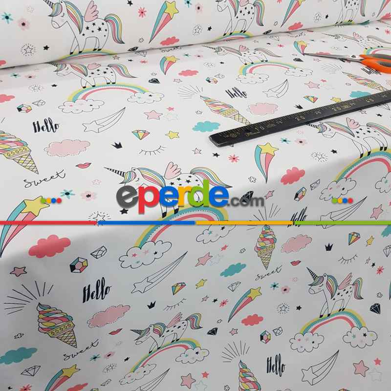 Unicorn Desenli Fon Perde Evm681 Kumaşı Kalındır Duck Bezi Değildir- Siyah-Beyaz-Pembe
