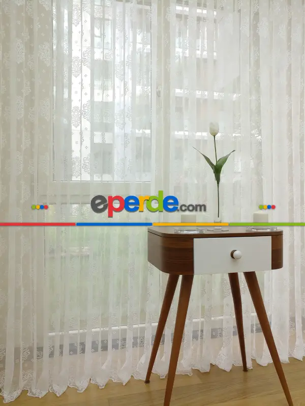 Serpme Damask Desenli Özel Örme Dokulu Tül Perde- Ekru