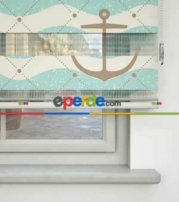 Çocuk Odası Zebra Perde - Çapa Baskılı Zebra Perde- Beyaz-Krem-Turkuaz-Kahve