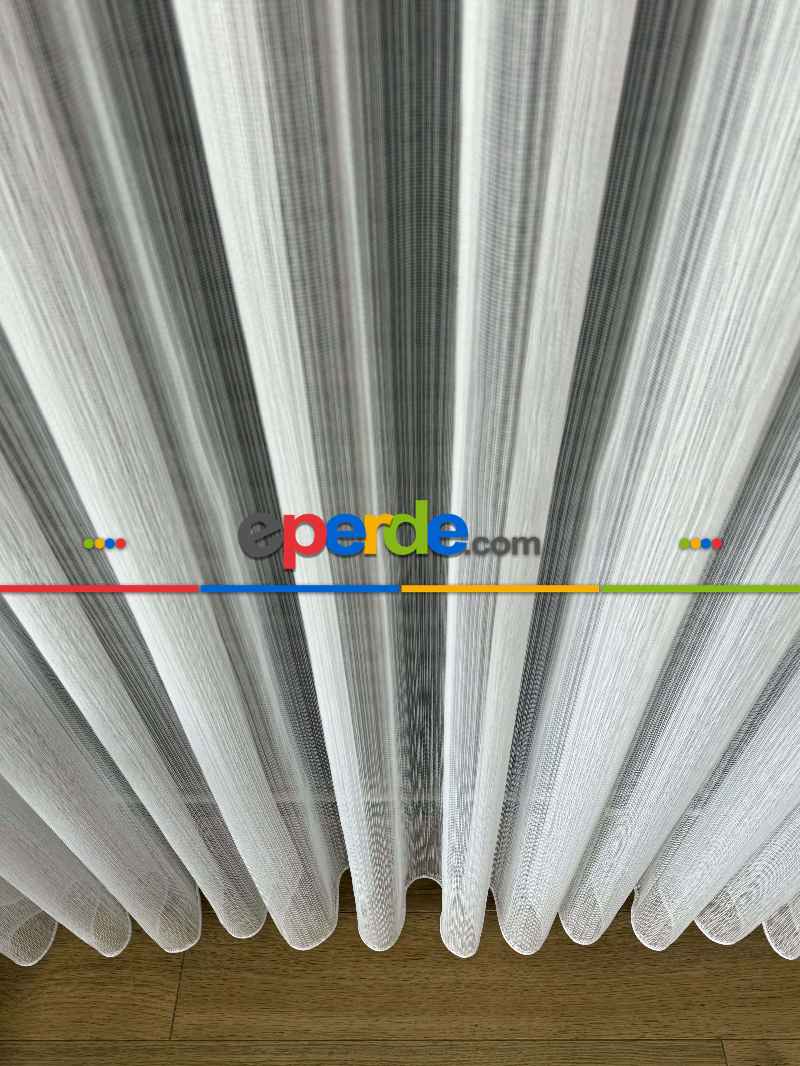 Oturma Odası Ekru Çizgili Tül Perde - Yüksek Kalite Kırık Beyaz Kurşunlu Tül