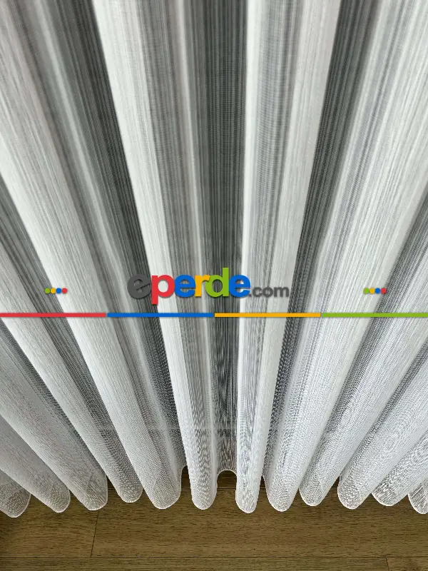 Salon Ekru Çizgili Tül Perde - Yüksek Kalite Kırık Beyaz Kurşunlu Tül