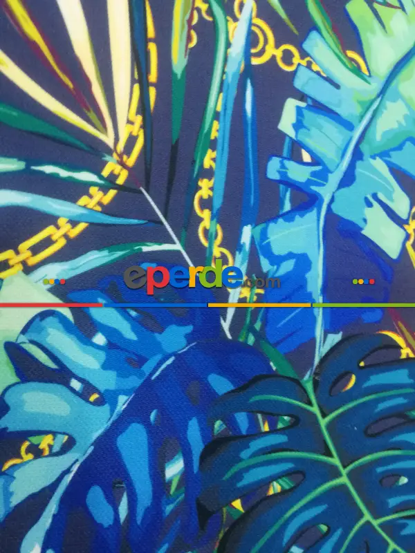 Salon Fon - Tropikal Yaprak Desenli Fon Perde Evm1008-2 Kumaşı Kalındır Duck Bezi Değildir- Yeşil-Sarı-Yeşil Koyu Yeşil-Fıstık Yeşili 