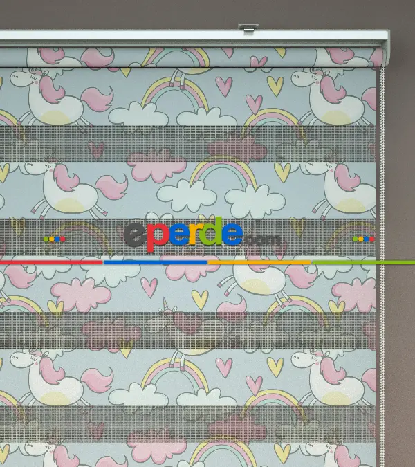 Unicorn Desenli Baskılı Zebra Perde- Çok Renkli