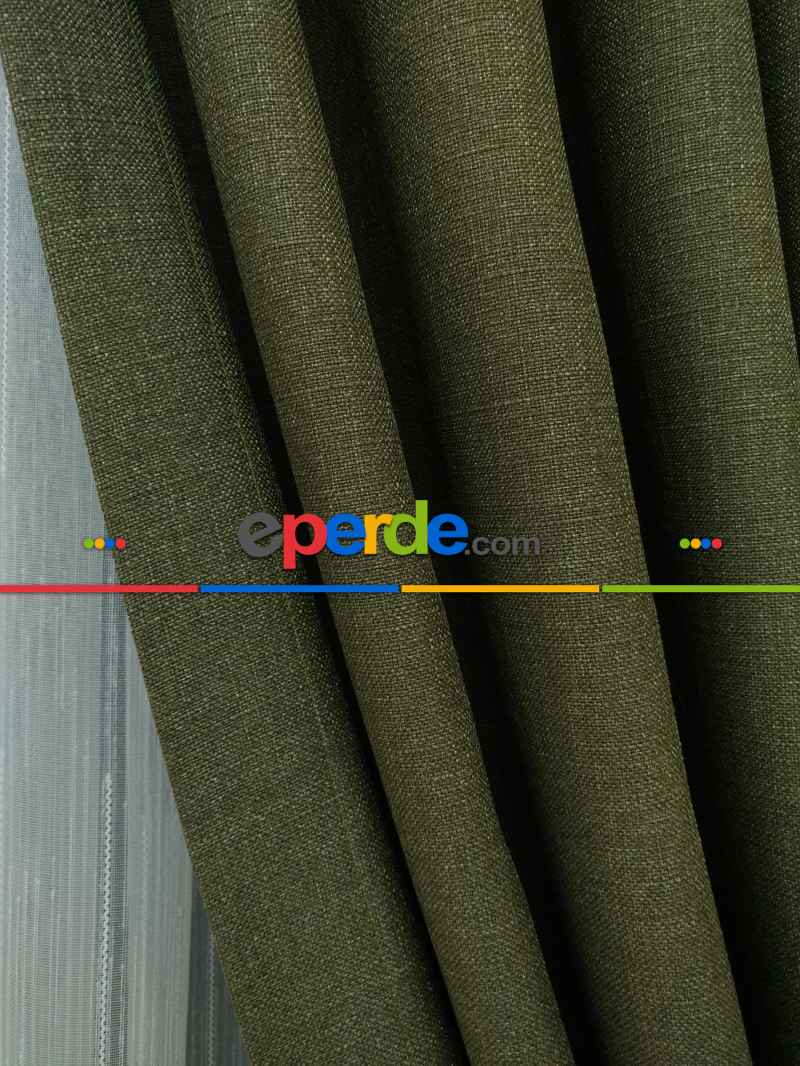 Keten Koyu Haki Yeşil Renk Düz Fon Perde - Haki