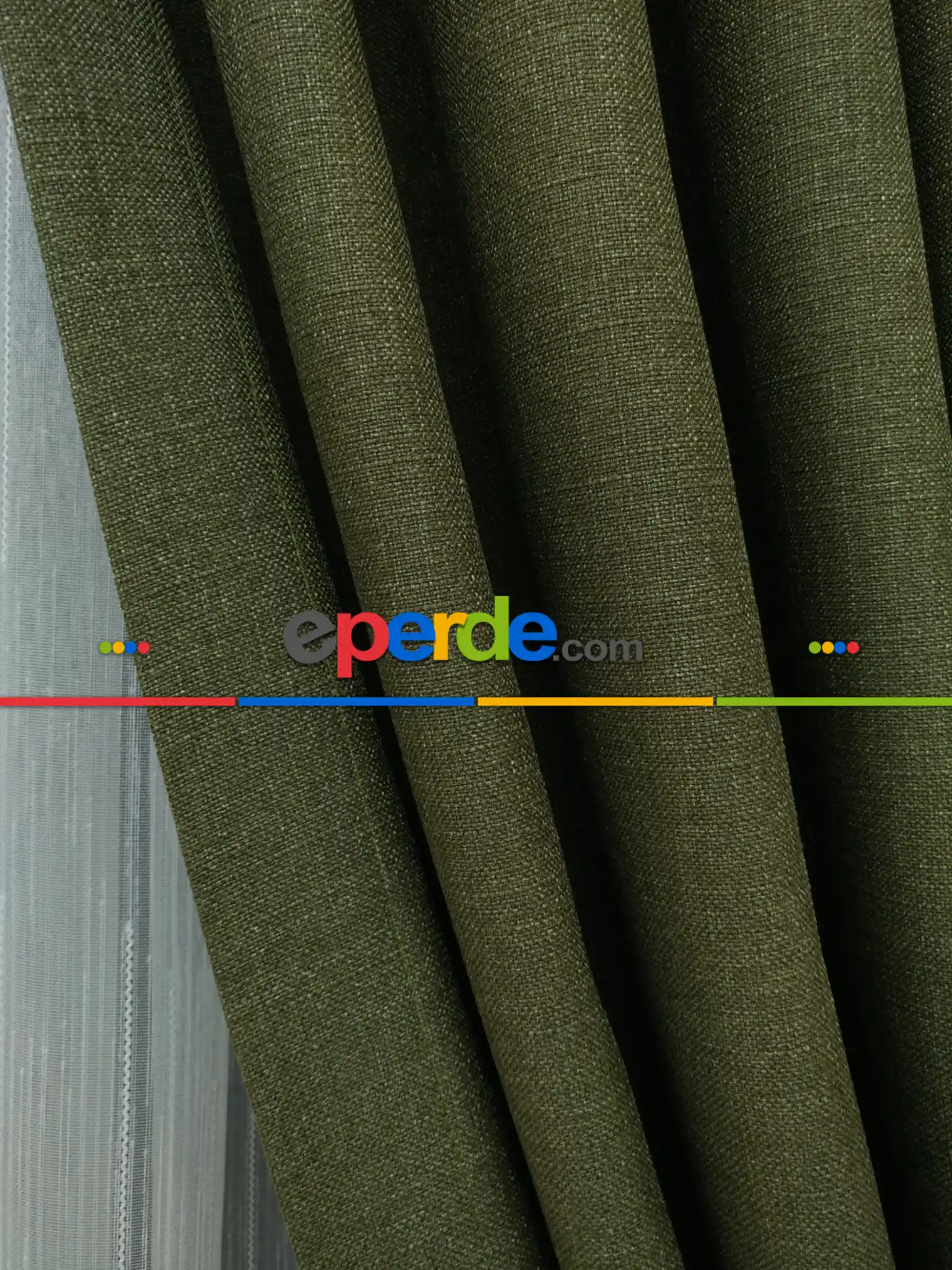 Keten Koyu Haki Yeşil Renk Düz Fon Perde - Haki