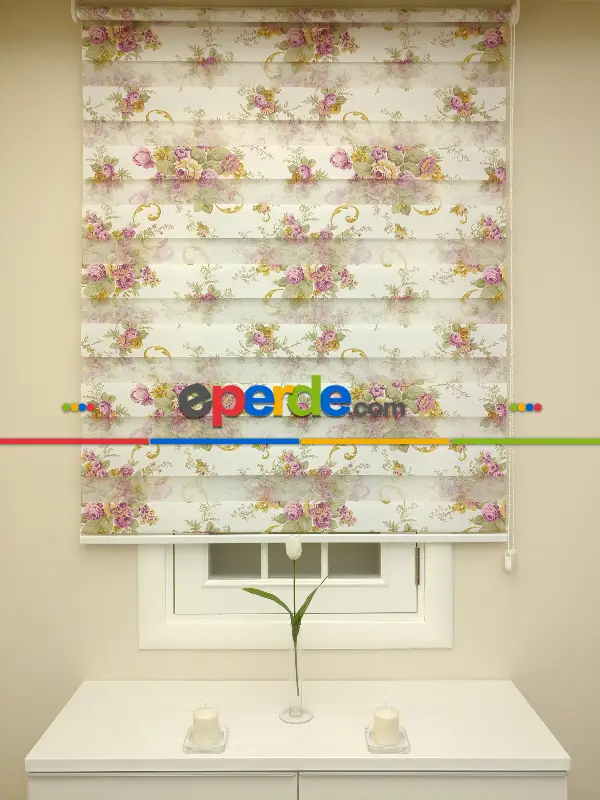 Çiçek Desenli Zebra Perde