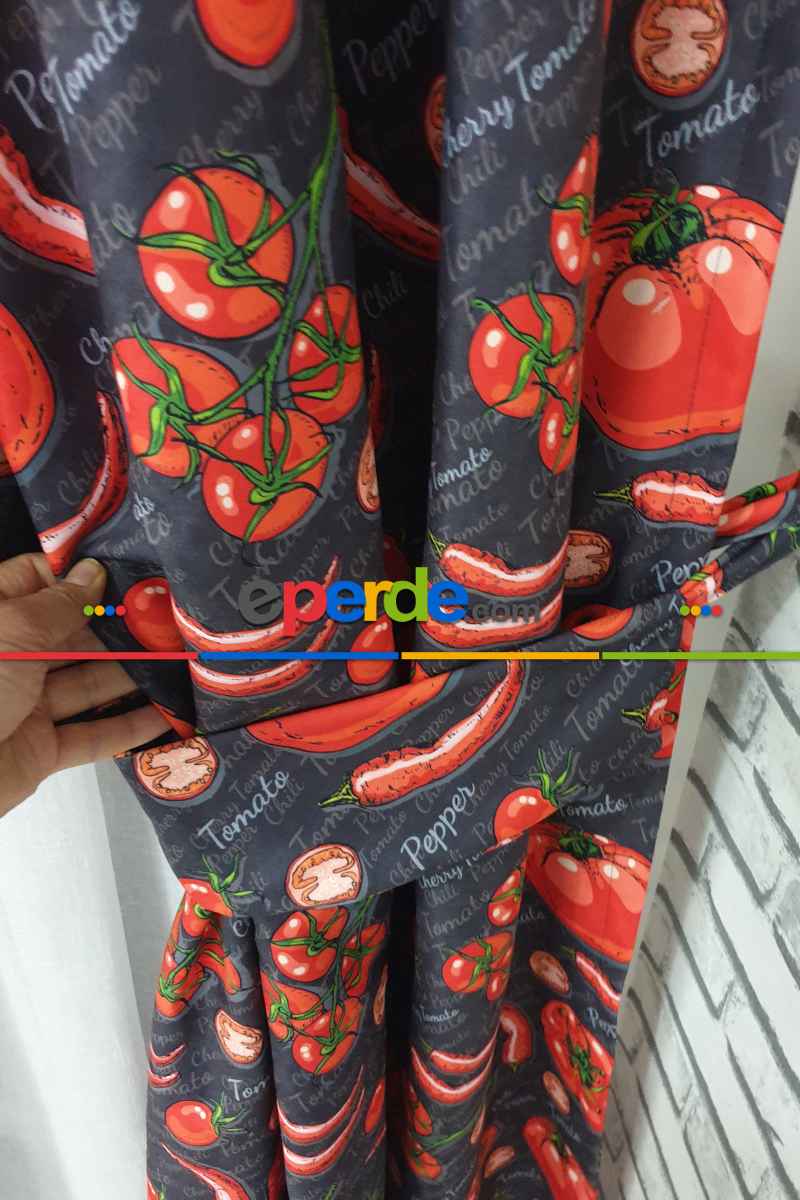 Mutfak Perdesi Kanat Fon Perde Dometes Biber Desenli- Siyah