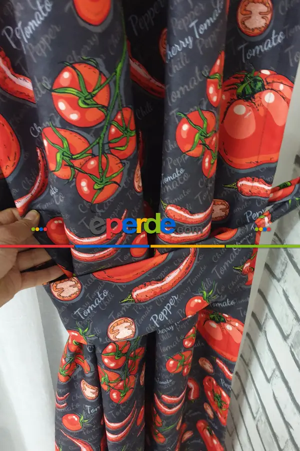 Domates Biber Resimli Fon Perde K610 M - Kumaşı Kalındır Duck Bezi Değildir.- Siyah-Kırmızı-Çok Renkli