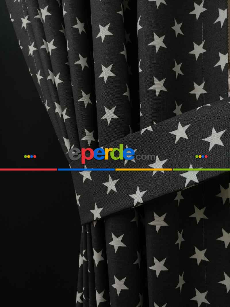 Siyah-beyaz Yıldız Desenli Fon Perde ( Leke Tutmaz )- Siyah-beyaz