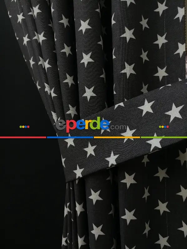 Siyah-beyaz Yıldız Desenli Fon Perde ( Leke Tutmaz )- Siyah-beyaz