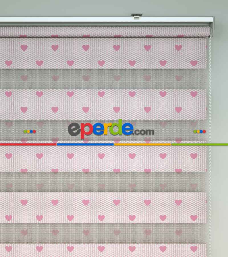 Çocuk Odası Zebra - Kalp Desenli Baskılı Zebra Perde- Pembe
