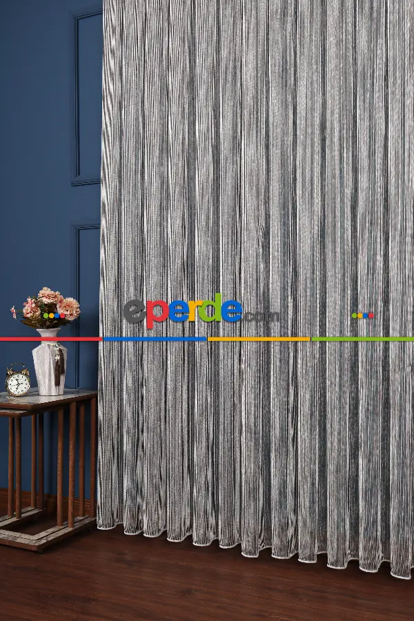 Salon Tül Modelleri - Luka Ekru-siyah Düz Tül Perde Ütü İstemez