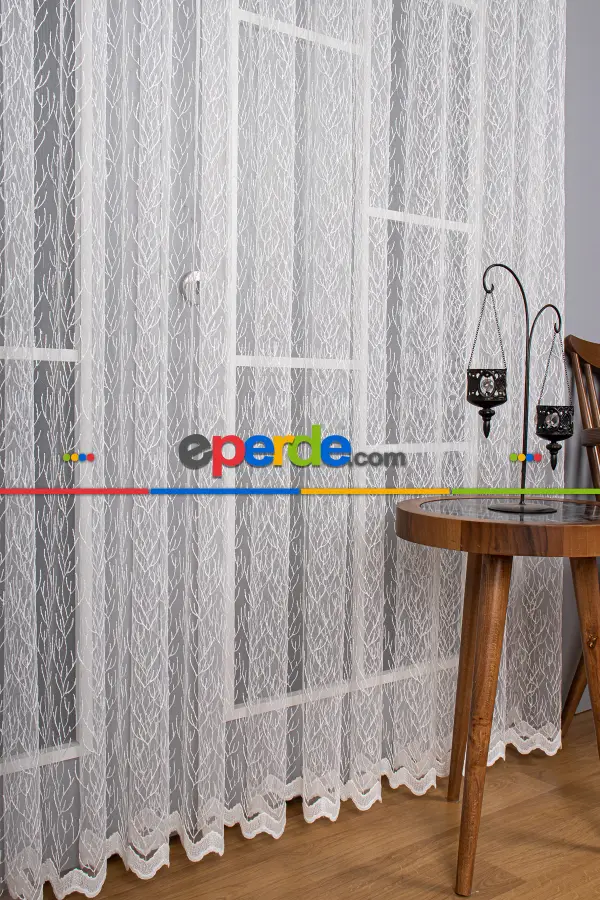 Salon - Kuru Dal Brode Tül Perde - Ekru