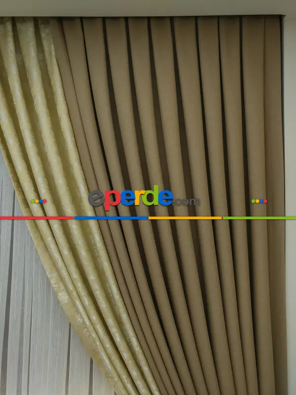 Sarı Kahve Renk Kombinli Desenli Fon Perde- Sarı-kahve