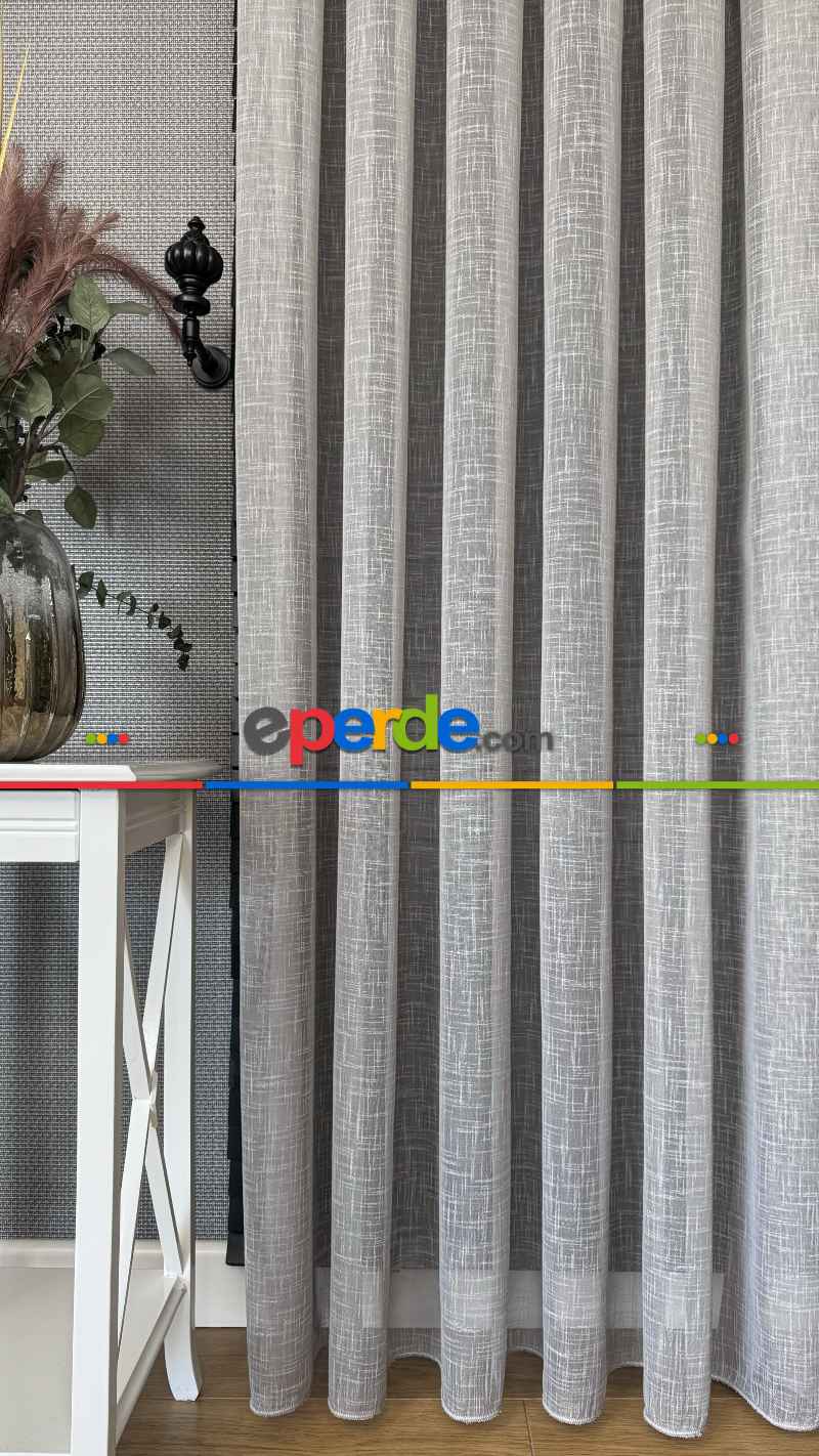 Açık Gri Keten Düz Tül Perde - Premium Serisidir, Eteği Kurşunlu Tül