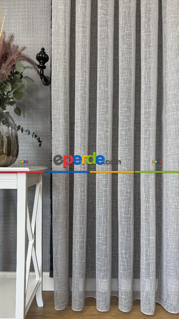 Salon Açık Gri Naturel Keten Düz Tül Perde - Premium Serisidir, Eteği Kurşunlu Tül