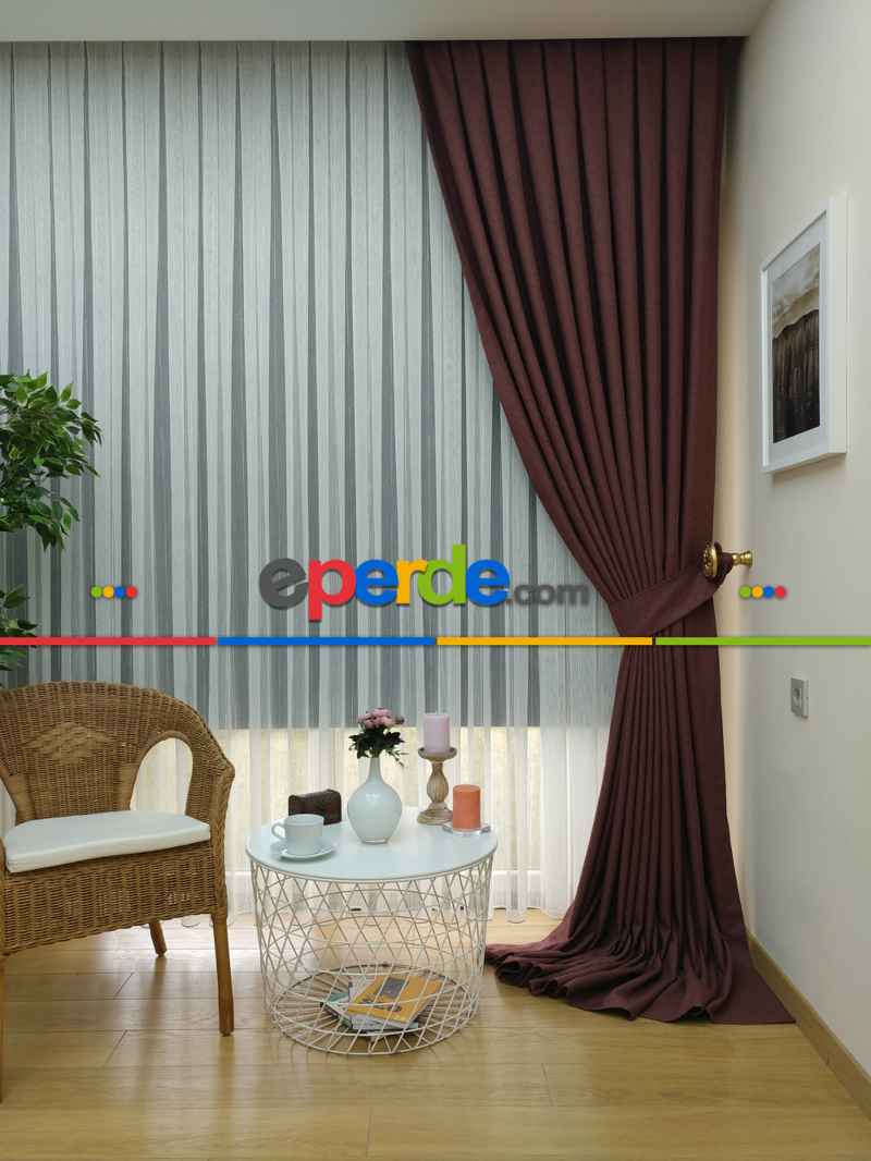 Keten Kahve Renk Düz Fon Perde