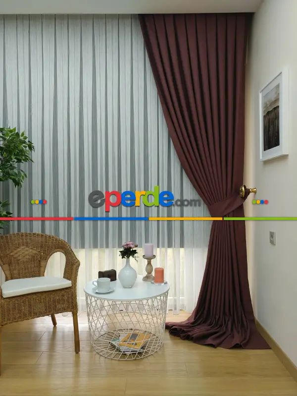 Salon Fon Perde - Keten Bordo Renk Düz Fon Perde- Kiremit Rengi