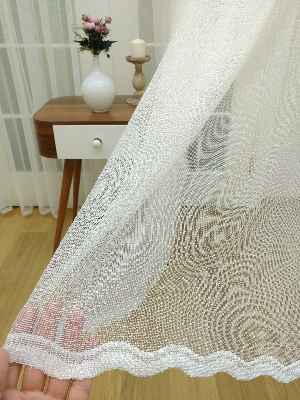 Etek Ucu Desenli Dantel Tül Perde- Ekru