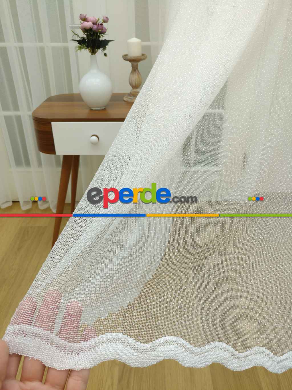 Etek Ucu Desenli Dantel Tül Perde- Ekru