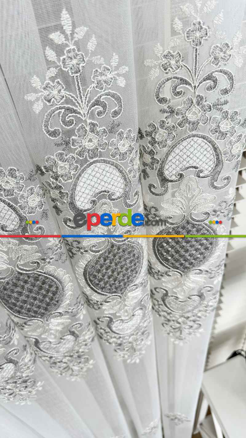 Ekru Gri Özel Dokuma, Özel İplik Brode İşlemeli Tül Perde - Ağır Gramajlı Premium Nakışlı