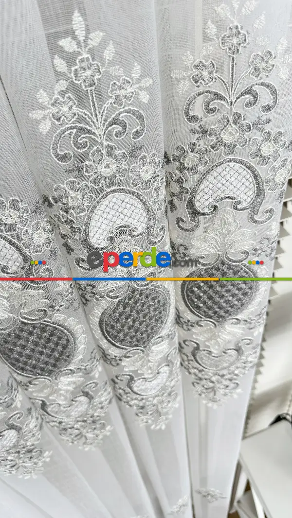 Ekru Gri Özel Dokuma, Özel İplik Brode İşlemeli Tül Perde - Ağır Gramajlı Premium Nakışlı