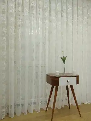 Damask Çiçek Desenli Özel Örme Dokulu Tül Perde- Ekru