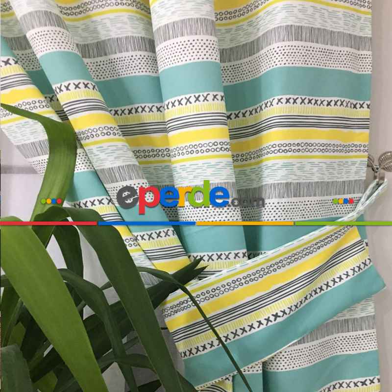 Çocuk Odası Desenli Fon Perde Kumaşı Kalındır Duck Bezi Değildir- Sarı-Beyaz-Mavi Açık