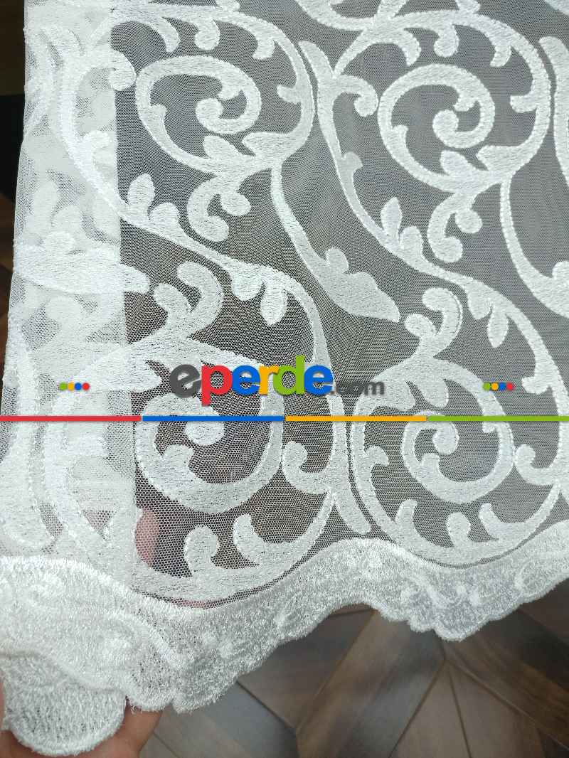 Eteği Duble Nakış İşlemeli Lüx Tül Perde Ikon 2021- Beyaz Buz Beyazı